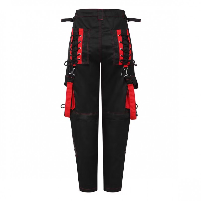 Red Bondage Pants Black Zippers and Laces Pant Punk Pants High Waist Pant